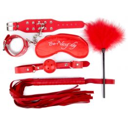 КОМПЛЕКТ (наручники, маска, кляп, плеть, щекоталка с пухом) цвет красный, PVC, текстиль арт. NTB-803